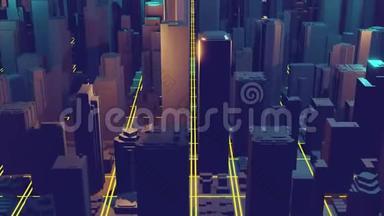 三维城市渲染与线条和数字<strong>元素</strong>。 数字摩天大楼。 技术<strong>视频</strong>概念
