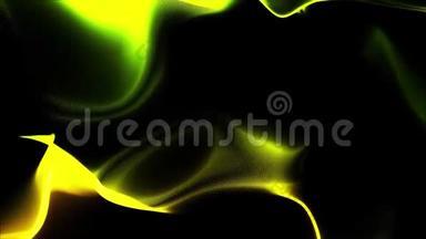 抽象动画的黄色能量波光或闪光极光在黑色背景。 丰富多彩的抽象。