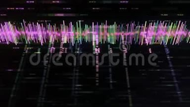 彩色业务均衡器与数字在黑色背景。 动画。 带有数字或图表的音乐电脑轨道