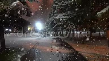 在第一场雪期间在<strong>城市</strong>公园散步，这是一个美丽的<strong>夜晚城市</strong>景观