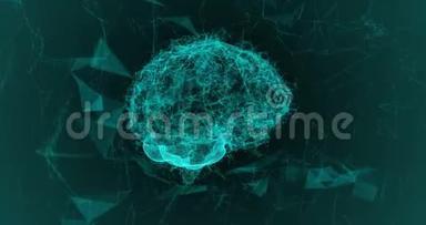 旋转粒子形成的人脑。 周围的屈膝结构不断演变。 蓝色抽象未来科学