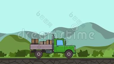 <strong>动画绿色</strong>卡车，箱子在后备箱骑过<strong>绿色</strong>山谷。 在乡村景观背景下移动重车