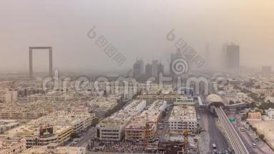 在沙尘暴时间流逝期间迪拜城市景观
