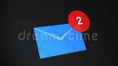 电子邮件图标与红色计数器在黑色背景。 电子邮件通知与柜台。 收件箱电子邮件符号