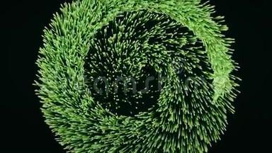 绿色生长粒子在黑色背景上螺旋运动的抽象动画。 五彩缤纷的动画。
