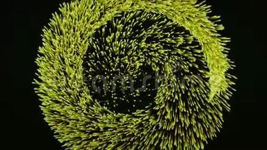 黄色生长粒子在黑色背景上螺旋运动的抽象动画。 五彩缤纷的动画。