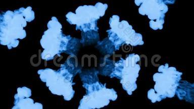 三维蓝色墨水在水中。 从中心到边缘的荧光墨水互相吸引