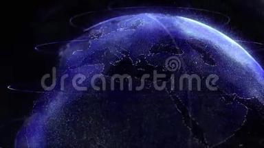 数字蓝色新地球。 有光泽的行星与发光粒子的旋转。 数字爆炸空间3D动画