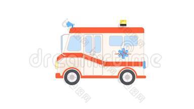 卡通救护车。 平式急救车的可爱镜头。 涂鸦医学循环概念。 阿尔法频道动画