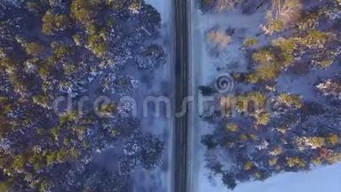 一辆<strong>车</strong>在乡村公路上穿过冬季森林。 从无人驾驶飞机<strong>俯视</strong>。 穿过森林的道路的鸟瞰图