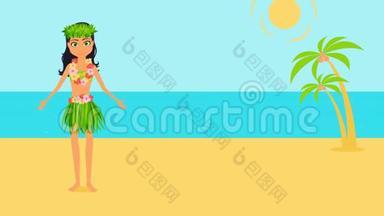 穿着民族服装的女孩角色在热带海滩上跳舞。 动画卡通女子平面插图