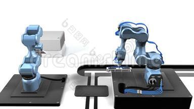 一个自动化实验室的3D动画，用两个机械臂从白色背景的试管托盘中取出样品