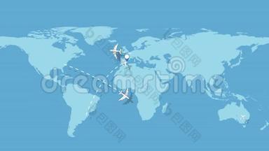 飞机按照世界各地的航线飞行。