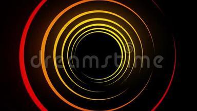 黑色背景上的彩色螺旋线。 动画。 抽象催眠线在黑色空间中发光和旋转。 明线