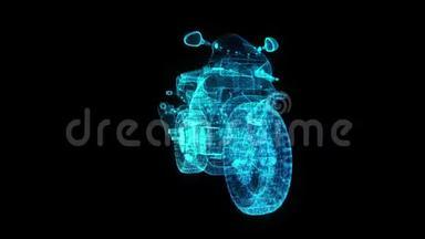 旋转摩托车。 360度模型摩托车形成过程中的发光微粒. 无缝环行