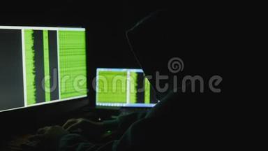 电脑显示器后面的人。网络成瘾反映黑客犯罪眼镜浏览深夜代码网络