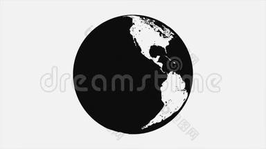白色背景下旋转黑白地球仪剪影的抽象动画。 无缝环。