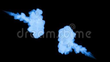 蓝色发光墨水溶解在水上的黑色背景与卢马哑光。 计算机仿真的三维渲染。 两条溪流