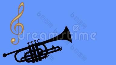 管和金色小提琴钥匙.. 多彩动人的音符.. 蓝色背景上的小号动画。 黑色管