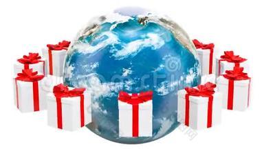 地球环球带着礼物旋转。 全球圣诞节和新年的概念。 3D绘制