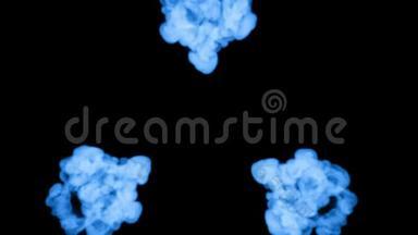 蓝色发光墨水溶解在水上的黑色背景与卢马哑光。 计算机仿真的三维渲染。 瓦莱里