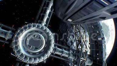 背景上的月亮。 太空飞船飞进巨大的太空火炬门，引擎<strong>灯闪烁</strong>，三维动画