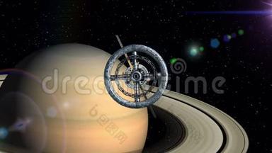 土星的背景。 通过科幻空间站的大门飞行，绿色屏幕，三维动画。 纹理