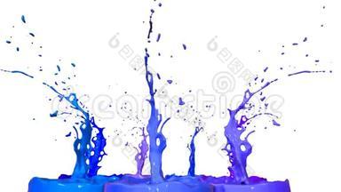 液体溅在罐子上的三维渲染，就像声音扬声器上的油漆一样。 彩色三维构图与舞蹈液体。 <strong>冷色调</strong>