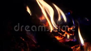 篝火中明亮燃烧的木头.. 在火中燃烧木头和煤