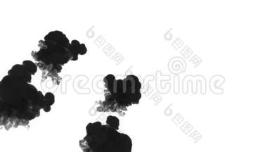 黑色墨水溶于水的白色背景与卢马哑光。 计算机仿真的三维渲染。 四个墨水缸上升