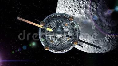 飞行通过门的<strong>科幻飞船</strong>背景的月亮，绿色屏幕，三维动画。 月亮的纹理