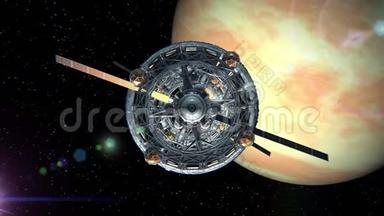 在金星背景下穿越<strong>科幻飞船</strong>的门，绿色屏幕，三维动画。 纹理