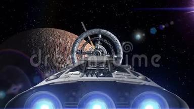 飞船与脉动引擎飞行到太空站门背景水星，三维动画。 纹理