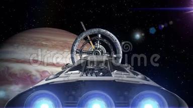 宇宙飞船与脉动引擎飞入<strong>太空站</strong>门的背景木星，三维动画。 纹理