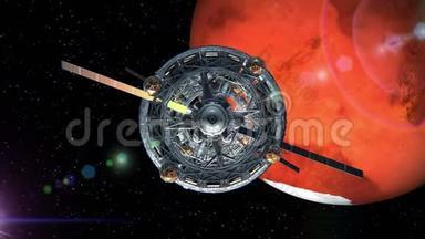 穿越火星背景的科幻飞船之门，绿色屏幕，三维动画。 地球的纹理