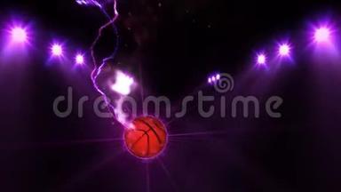 在彩色灯光下打篮球。运动队概念。体育场。地面。字段。夜晚的聚光灯。