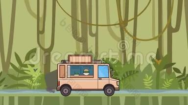 <strong>动画</strong>食品卡车穿越热带雨林。 移动车辆在丛林河背景。 <strong>平面动画</strong>。