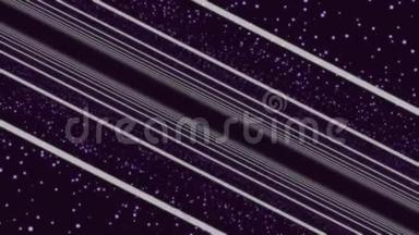 直的白色线条移动和旋转与紫色背景上的小点，无缝环。 动画。 丁香花点缀