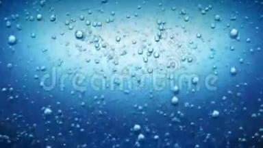 美丽的空气气泡在水中升起。 蓝泡泡水循环三维动画。 高清1080