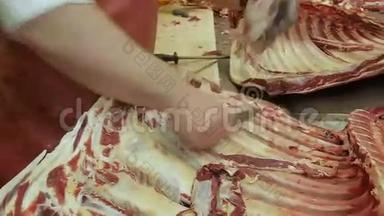 猪肉肉牛肉胴体挂在肉厂生产香肠肉，肉切割一种新鲜的生肉做香肠