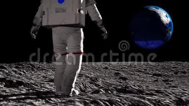 宇航员在月球上行走，欣赏美丽的地球。 手伸向地球。 CG动画。 各项要素