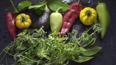 滴入水中的新鲜有机食品。蔬菜、茄子和胡椒
