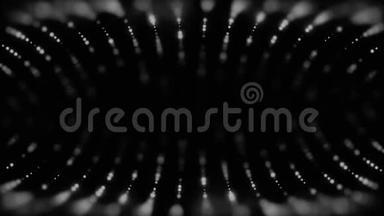 抽象背景与动画的移动闪光粒子成排在黑色背景，单色。 闪闪发光的白色