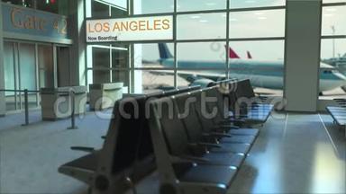 洛杉矶航班现<strong>在机场</strong>候机楼登机。 前往美国的概念介绍动画