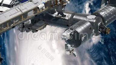 国际空间站国际空间站对地球大气层旋转的CG动画。 宇航员太空行走。 这方面的要素