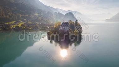瑞士空中4k美丽的湖Brienz绿松石瑞士空中4k