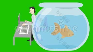 一个人在电脑上打字，一只死鱼在绿色屏幕上的<strong>鱼缸里</strong>
