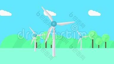 风力发电机在行动，循环卡通动画