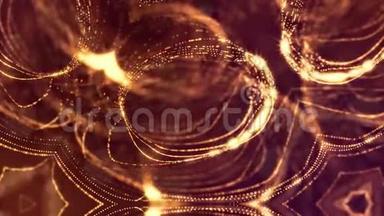 带有辉光粒子的循环科幻动画的三维渲染形成滚动环结构。 像暗金色一样的无缝镜头
