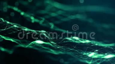 带有辉光粒子的循环科幻动画的三维渲染形成滚动结构。 暗绿色数码相机的无缝镜头